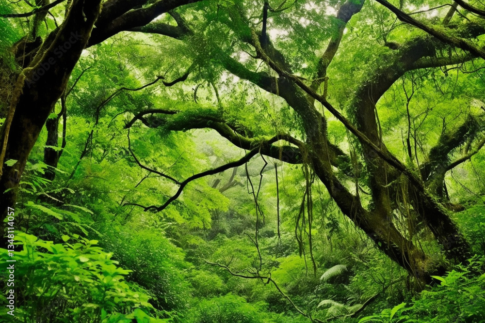 Fototapeta premium majesty of verdant arboreal beings nestled withdeep ravine, epitomizing a tranquil magnificence, harmonious dance of luminosity and foliage, and eternal essence of these arboreal entities at core of r