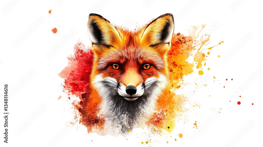 A striking red fox portrait with piercing eyes, surrounded by vibrant splashes of red, orange, and yellow paint, isolated on a white background A striking red fox portrait with piercing eyes, surrounded by vibrant splashes of red, orange, and yellow paint, isolated on a white background
