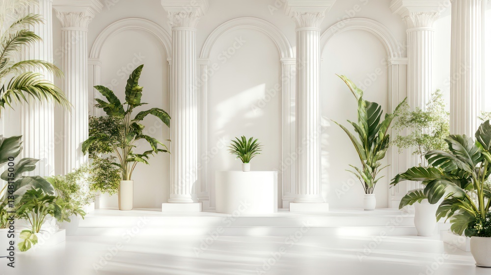 Minimalist white podium with a backdrop of classical columns and potted plants, creating an elegant and serene space for product displays or presentations. Ideal for showcasing luxury goods, cosmetics Minimalist white podium with a backdrop of classical columns and potted plants, creating an elegant and serene space for product displays or presentations. Ideal for showcasing luxury goods, cosmetics