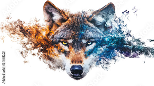 Wallpaper Mural A wolf head in a double exposure effect, blending fierce eyes with vibrant splashes of blue, orange, and purple, creating a bold and dynamic portrait, isolated on a white background Torontodigital.ca