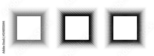 Black halftone square frame set. Dotted gradient border collection. Pop art comic dot picture holder design for banner template, emblem, poster, box, copy space. Vector rasterized framing element pack