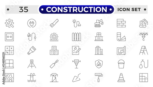 Construction outline icon collection set. Containing building, project, skyscraper, crane, build, equipment, prepared icon.