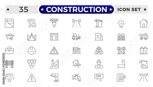 Construction outline icon collection set. Containing building, project, skyscraper, crane, build, equipment, prepared icon.