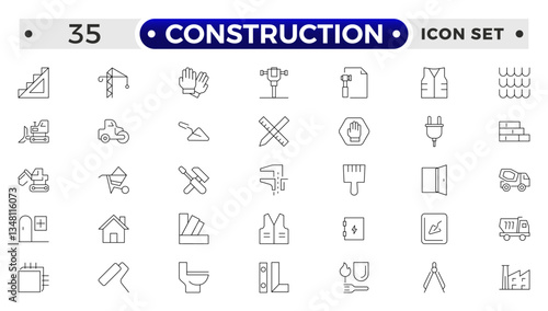 Construction outline icon collection set. Containing building, project, skyscraper, crane, build, equipment, prepared icon.