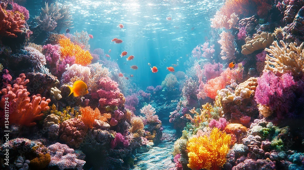 Obraz premium Colorful fish swim among vibrant coral reefs under sunlight