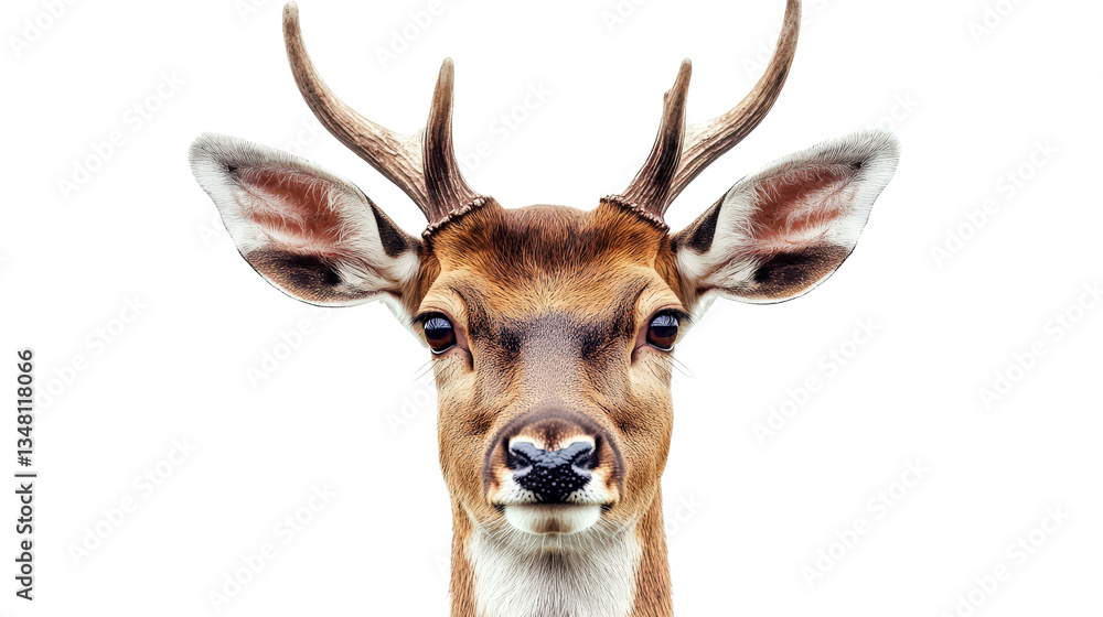 Fototapeta premium A close-up of a deer head with symmetrical horns, exuding grace and strength, isolated on a Transparent background, PNG file