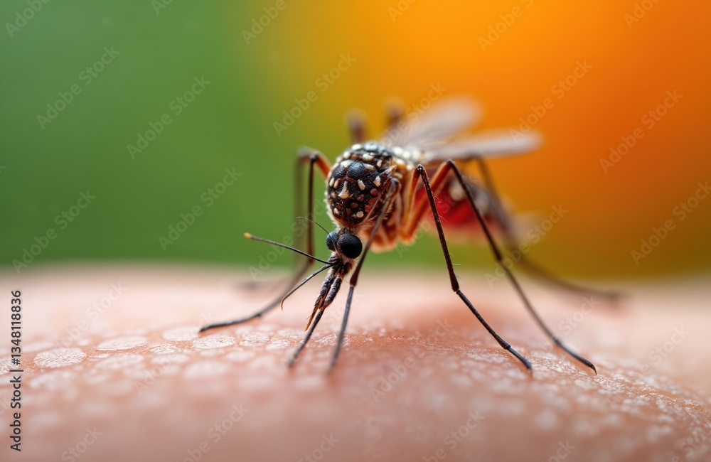 Fototapeta premium Macro shot of Aedes mosquito feeding on human skin. Vibrant colors highlight pest. Insect bite detail, sharp focus on bloodsucker, spreading disease, danger.