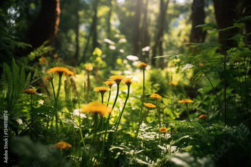 untouched wilderness of natural forest bursts with an exuberant tapestry of diverse plants, harmoniously coexisting and radiating an untamed beauty that captivates senses  