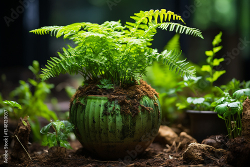 vibrant concept of growth and transformation is beautifully embodied by a soil pot, showcasing ability of nature to thrive even within constraints of a confined space