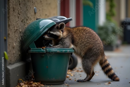 Raccoon Rummaging Through an Urban Trash Bin for Food