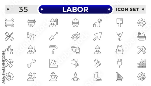 Labor outline icon set. Contains linear outline icons like Helmet, Screwdriver, Worker, Vest, Flag, Crane, Brick, Roller, Gear, Construction, Builder, Factory, Hardhat.