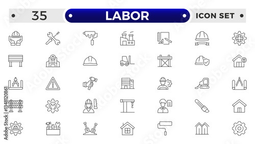 Labor outline icon set. Contains linear outline icons like Helmet, Screwdriver, Worker, Vest, Flag, Crane, Brick, Roller, Gear, Construction, Builder, Factory, Hardhat.
