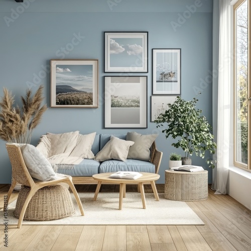Cozy living room with art gallery wall.  Light blue walls  wooden floors  natural textures  and a comfortable seating area