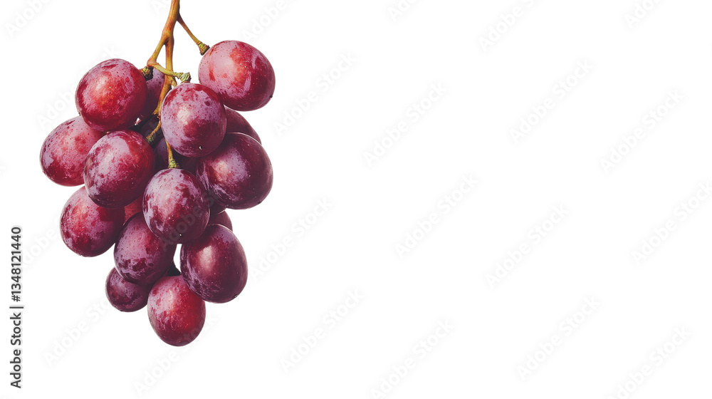 Obraz premium A ripe bunch of red grapes with a natural sheen, hanging delicately from a stem, isolated on a white background