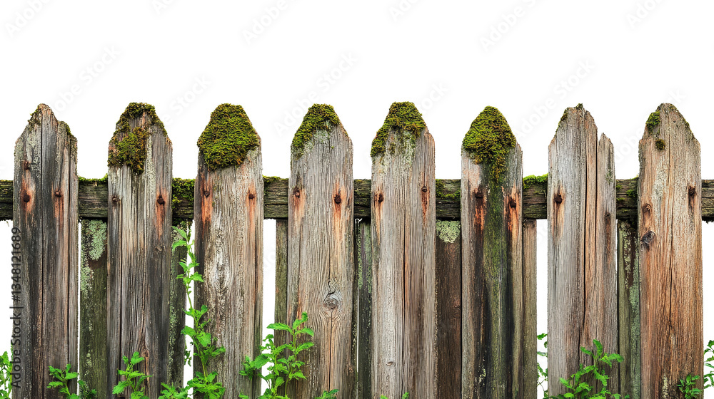 Fototapeta premium A rustic wooden fence with moss growing on the edges, showing age and texture, isolated on a white background
