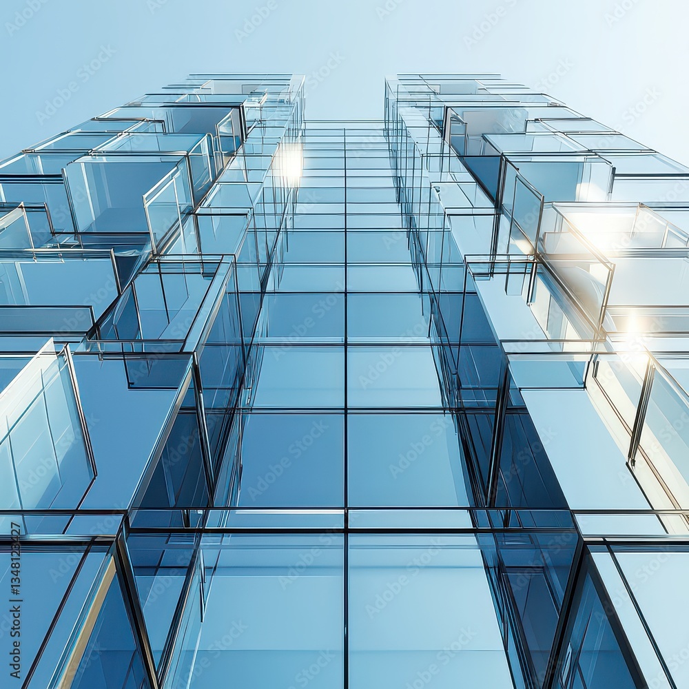 Obraz premium Looking Up at a Modern Glass Building with Bright Sunlight