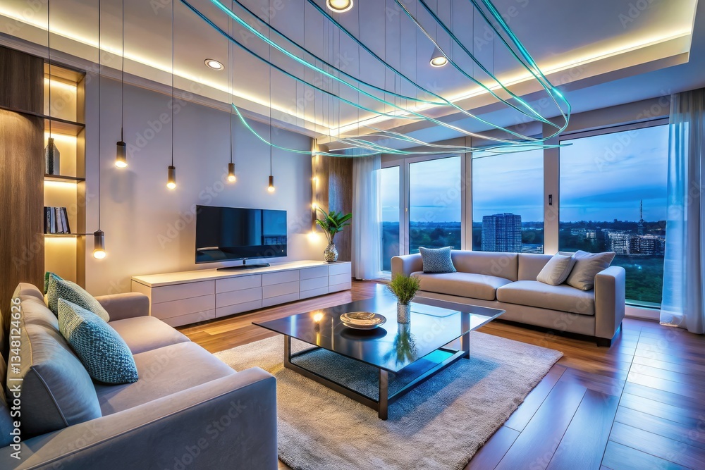 Naklejka premium Modern minimalist living room: Glass cables enhance light circulation, creating a sleek, airy interior.