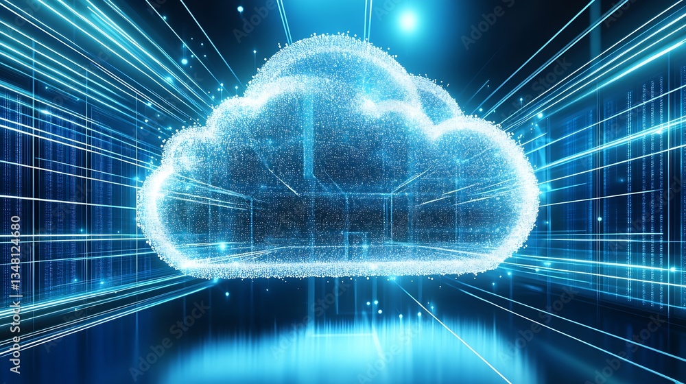 Illuminated cloud representation conveying the essence of cloud computing with vibrant digital effects : Generative AI Illuminated cloud representation conveying the essence of cloud computing with vibrant digital effects : Generative AI