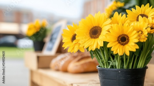 Wallpaper Mural Bright Sunflowers in Pot at Outdoor Market with Fresh Breads Nearby Torontodigital.ca