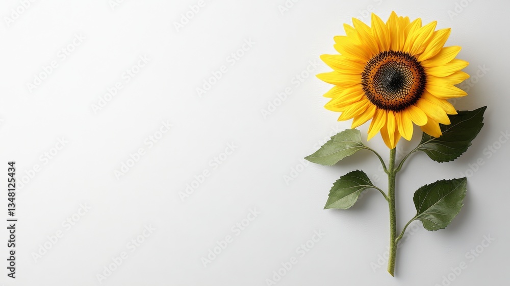 Obraz premium Single Sunflower Stem With Leaves On White Background