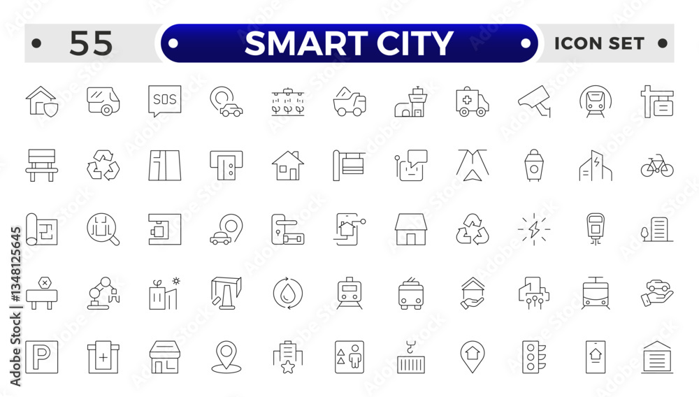 Smart city outline line icon set with infrastructure efficiency tech, future digital urban, autonomous building. Transport, road, mall, airport, police, school, park, water, collection. Smart city outline line icon set with infrastructure efficiency tech, future digital urban, autonomous building. Transport, road, mall, airport, police, school, park, water, collection.