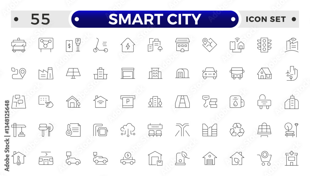 Smart city outline line icon set with infrastructure efficiency tech, future digital urban, autonomous building. Transport, road, mall, airport, police, school, park, water, collection. Smart city outline line icon set with infrastructure efficiency tech, future digital urban, autonomous building. Transport, road, mall, airport, police, school, park, water, collection.
