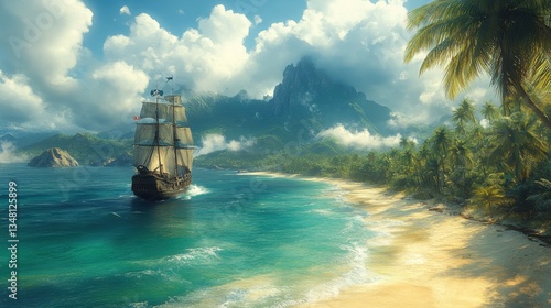 Pirate Ship Paradise Beach Scene