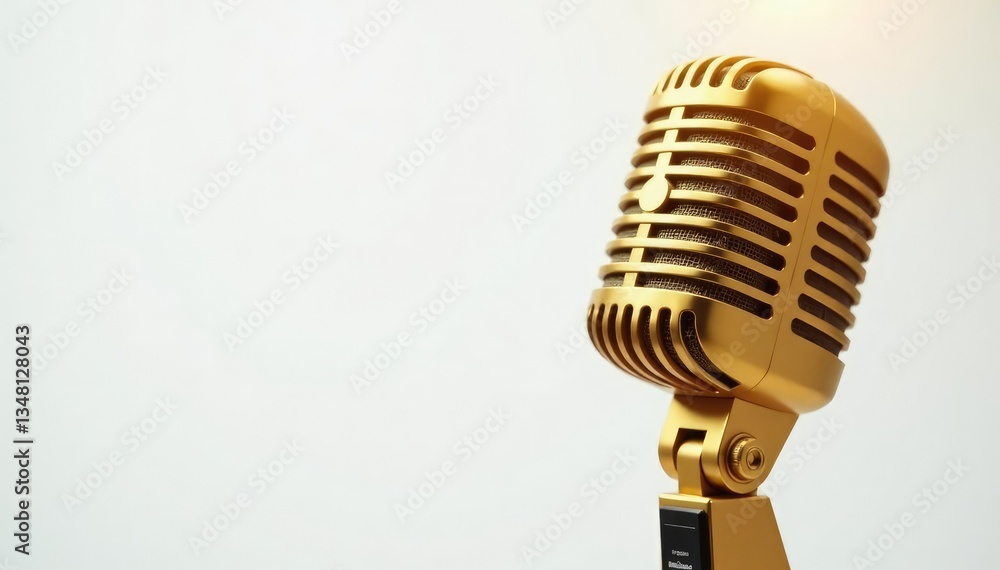 Fototapeta premium Close-up of a gold microphone on white background, background, stage