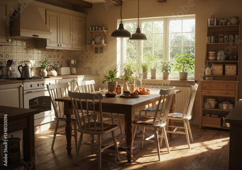 Cozy Sunlit Kitchen with Rustic Wooden Furniture and Indoor Plants Perfect for Relaxed Mornings
