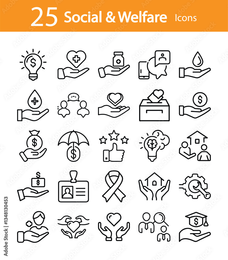 Fototapeta premium 25 Simple Line Icons Representing Social & Welfare Services