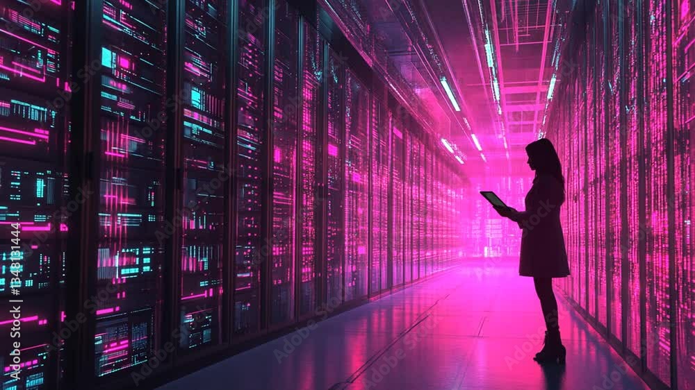 Futuristic Data Center Technician Inspecting Server Racks Illuminated by Neon Lights Futuristic Data Center Technician Inspecting Server Racks Illuminated by Neon Lights