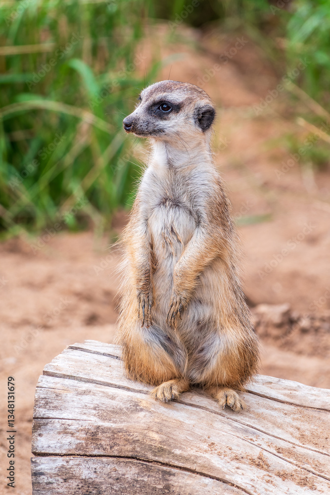 Meerkat, Suricata suricatta, on hind legs. Portrait of meerkat standing on hind legs with alert expression. Portrait of a funny meerkat sitting on its hind legs. Meerkat, Suricata suricatta, on hind legs. Portrait of meerkat standing on hind legs with alert expression. Portrait of a funny meerkat sitting on its hind legs.