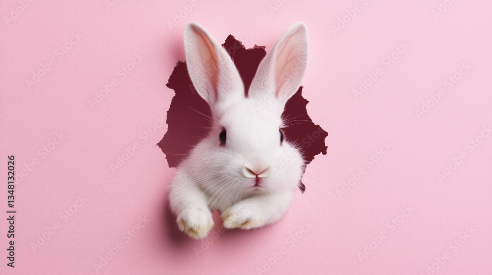 Obraz premium ピンク色の壁から顔を出すウサギの可愛らしい表情