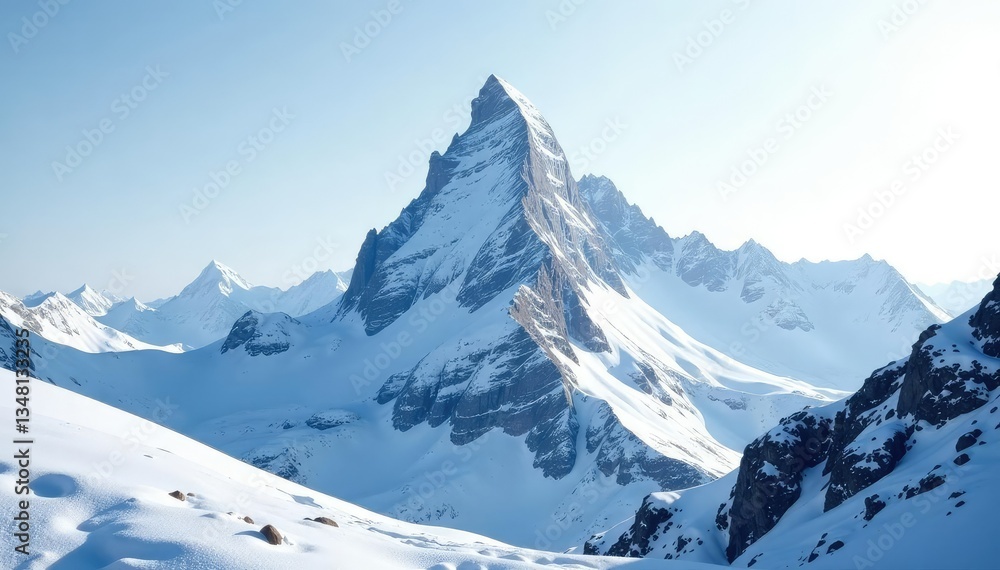 Snow-covered mountain peak against brilliant white sky, bright, alpine, peak Snow-covered mountain peak against brilliant white sky, bright, alpine, peak
