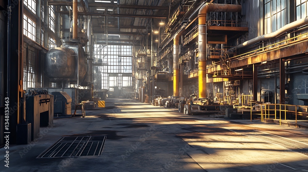 Naklejka premium Sunlit Industrial Interior: A Glimpse into a Rusty Factory's Heart