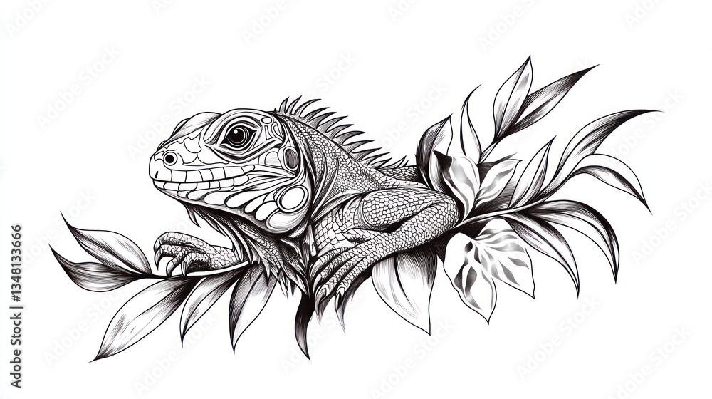 Detailed iguana illustration amidst exotic foliage Detailed iguana illustration amidst exotic foliage