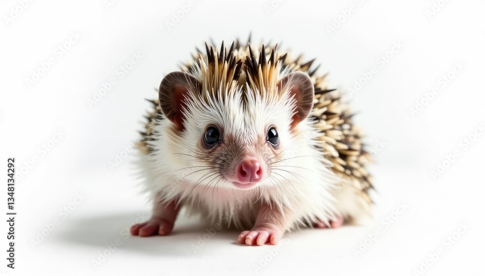 Tiny hedgehog posed on pure white background, spines visible , wildlife photography, garden Tiny hedgehog posed on pure white background, spines visible , wildlife photography, garden