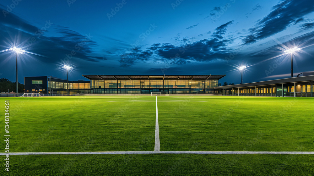 Fototapeta premium Illuminated football field at night with stadium lights and dramatic sky