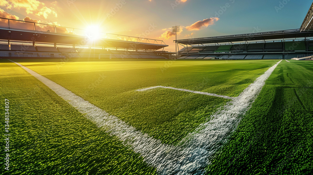 Soccer field with white boundary lines illuminated by the golden sunset Soccer field with white boundary lines illuminated by the golden sunset