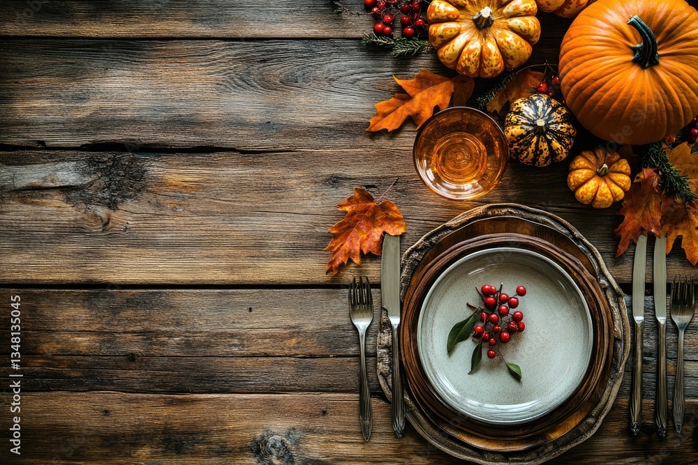 Rustic autumnal Thanksgiving table setting. Rustic wooden table, decorated with pumpkins, gourds, fall leaves, and berries. Elegant place settings, with plates, cutlery, and a glass Rustic autumnal Thanksgiving table setting. Rustic wooden table, decorated with pumpkins, gourds, fall leaves, and berries. Elegant place settings, with plates, cutlery, and a glass