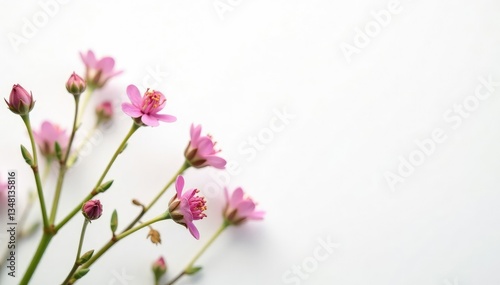 Delicate, small-scale floral sprigs on white background, subtle pattern, botanical
