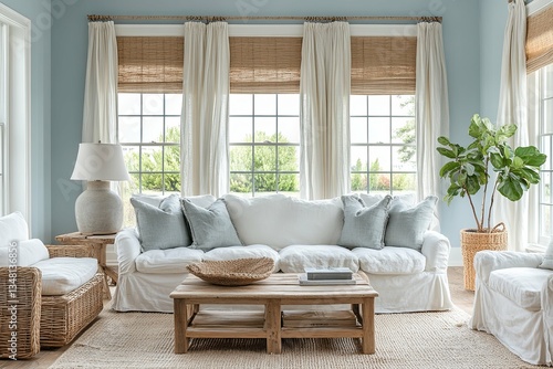 A Beautiful Living Room Interior Featuring Comfortable Furnishings and Large Windows
