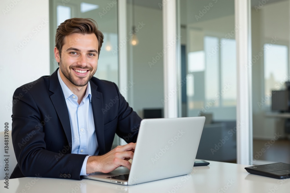 Confident Young Caucasian Male Professional in a Business Suit Working on a Laptop in a Modern Office Setting with Large Windows and Bright Interior Confident Young Caucasian Male Professional in a Business Suit Working on a Laptop in a Modern Office Setting with Large Windows and Bright Interior
