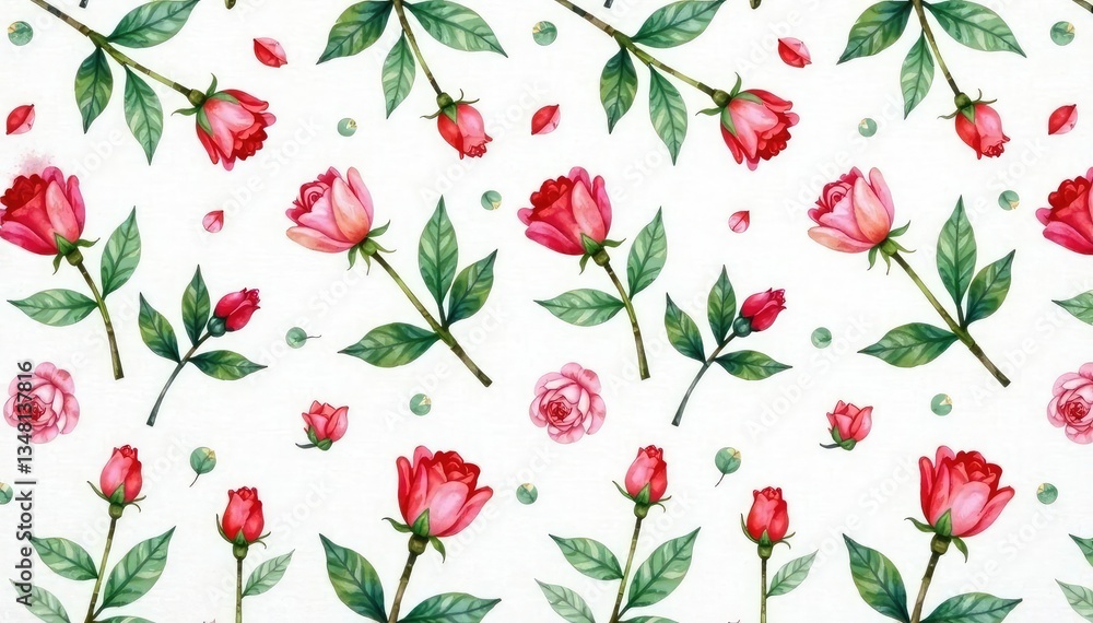 Delicate watercolor rosebuds & leaves, repeat pattern, nature, flower, design Delicate watercolor rosebuds & leaves, repeat pattern, nature, flower, design