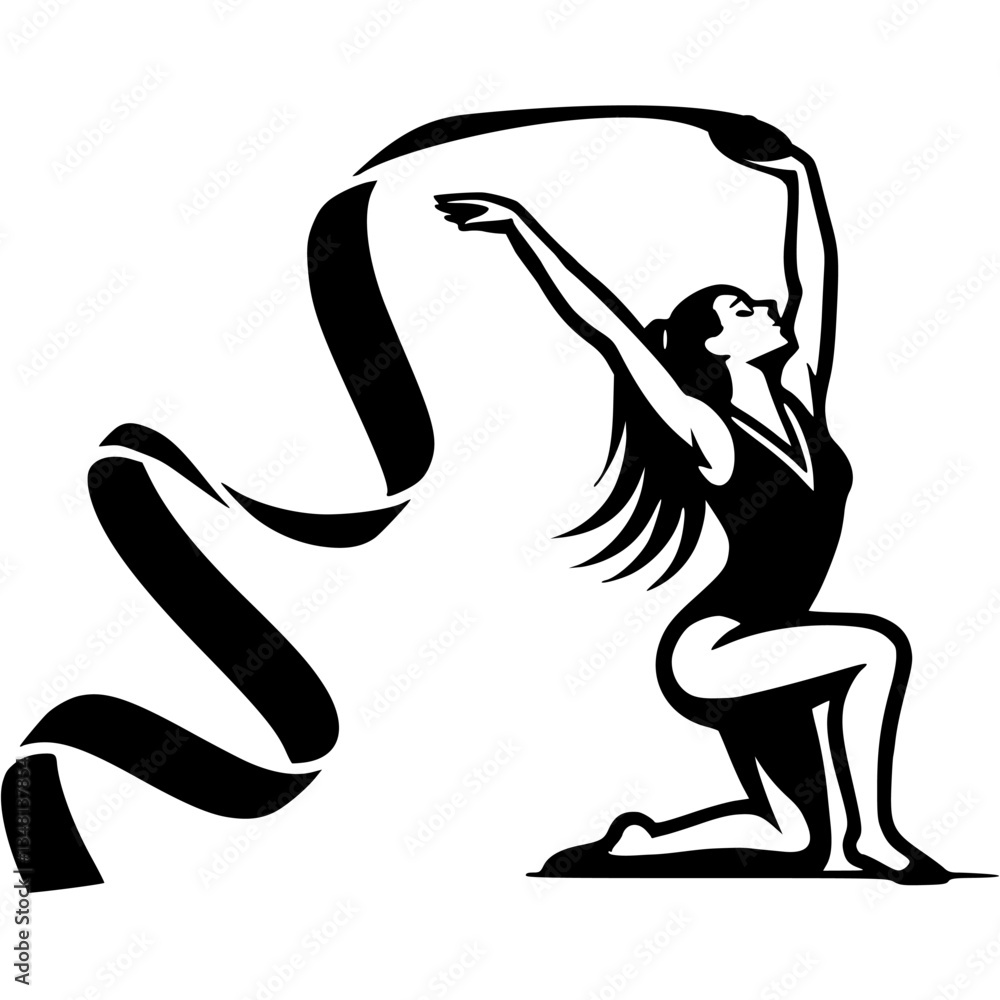 Sport emblem of girl gymnast with long, waving silk ribbon, performs compulsory competition program in monochrome. Engraving minimalistic vector in black ink drawing on transparent background Sport emblem of girl gymnast with long, waving silk ribbon, performs compulsory competition program in monochrome. Engraving minimalistic vector in black ink drawing on transparent background