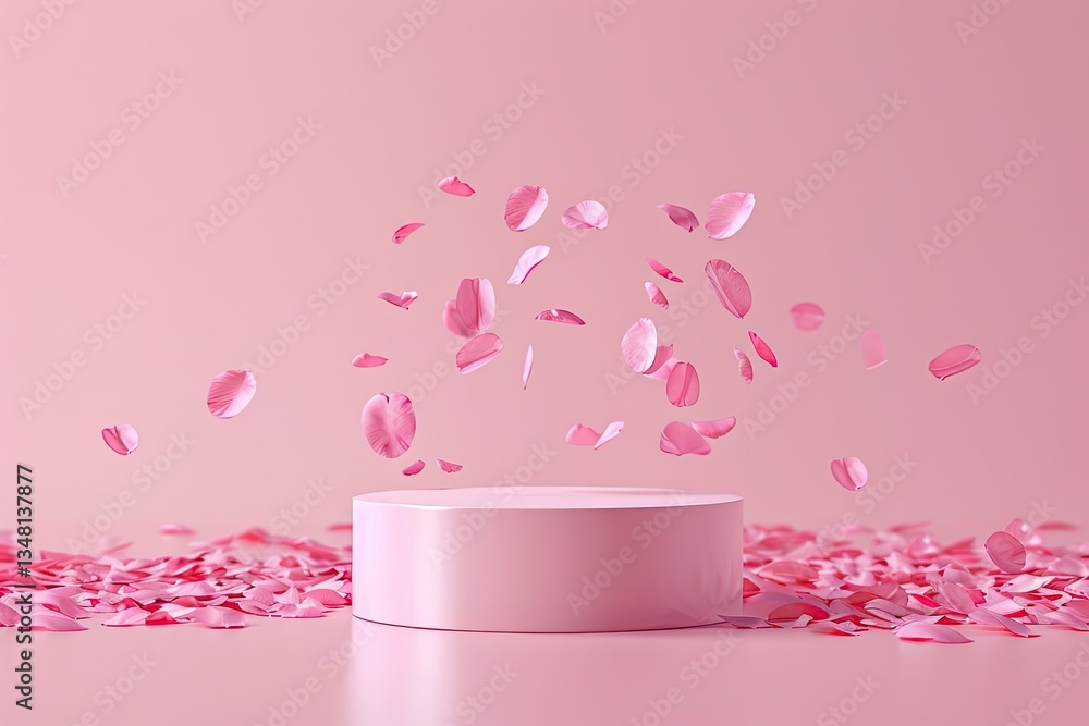 Pink Product Podium Placement with Falling Rose Petals for Luxury Beauty Pink Product Podium Placement with Falling Rose Petals for Luxury Beauty