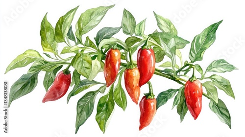 Illustration of a chili pepper plant with green leaves and colorful pods in watercolor