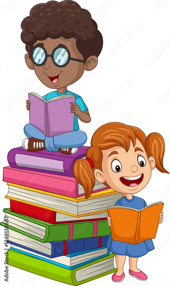 Cartoon kids reading and sitting on a stacked books Cartoon kids reading and sitting on a stacked books