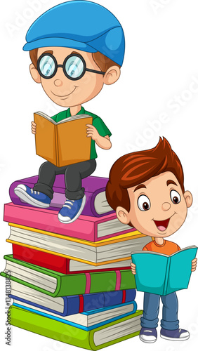 Cartoon kids reading and sitting on a stacked books