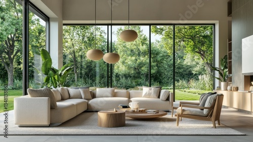 Modern living room with large windows, showcasing a seamless connection to the outdoors. Neutral tones and natural materials create a calm and inviting atmosphere